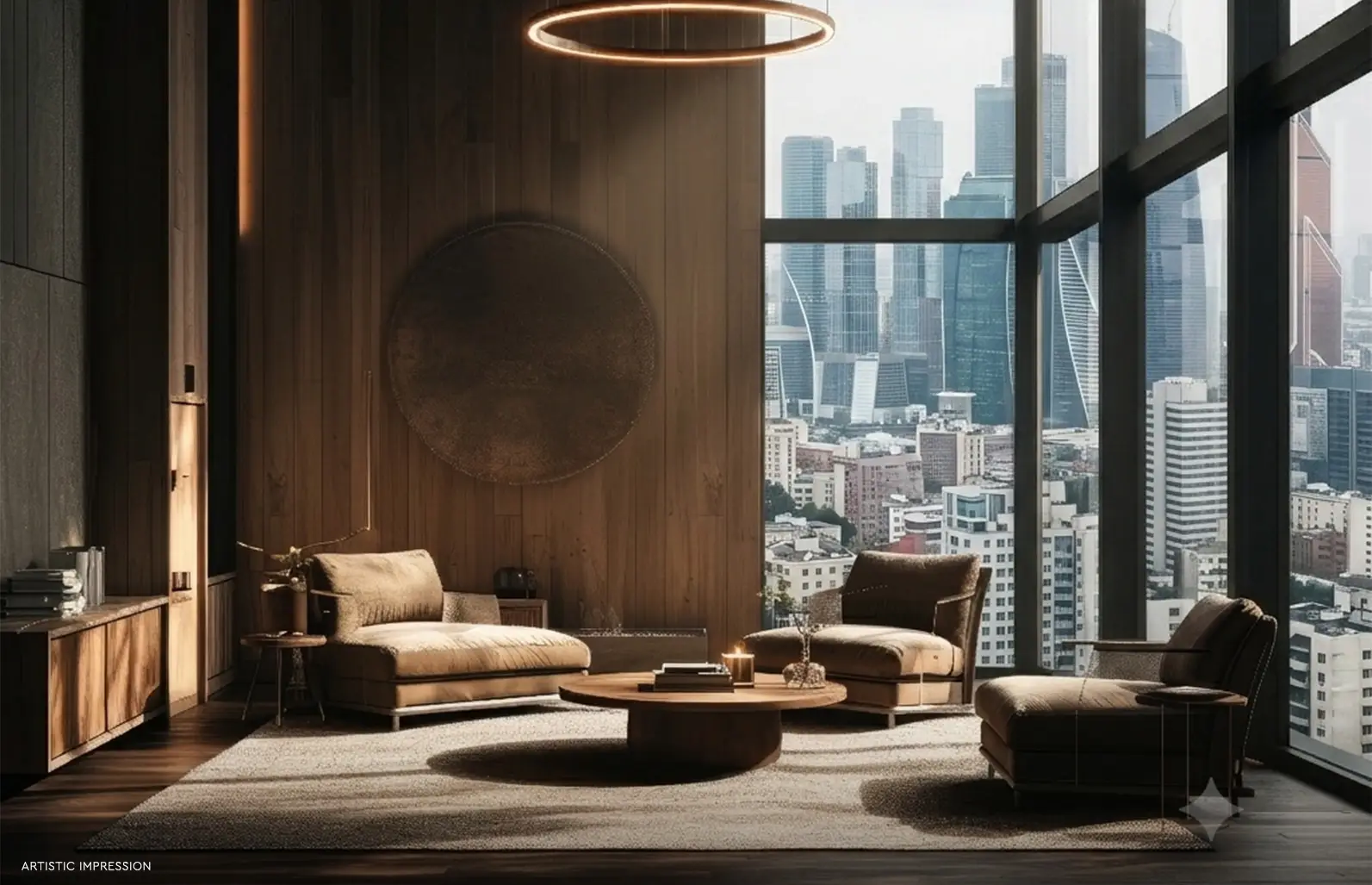 5 BHK living room interior with double-height windows at Pristine Amore