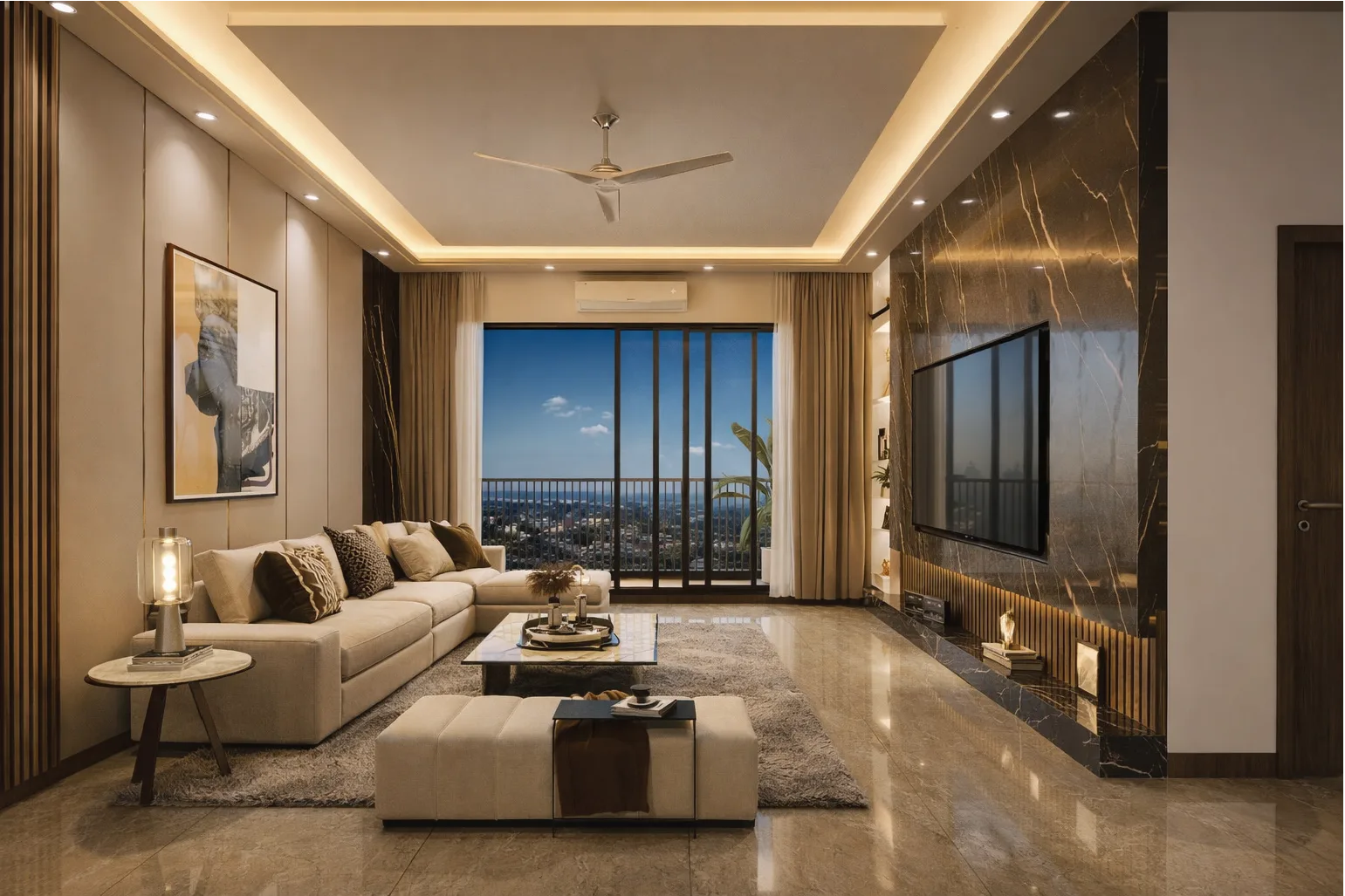 4 BHK living room interior at Pristine Amore