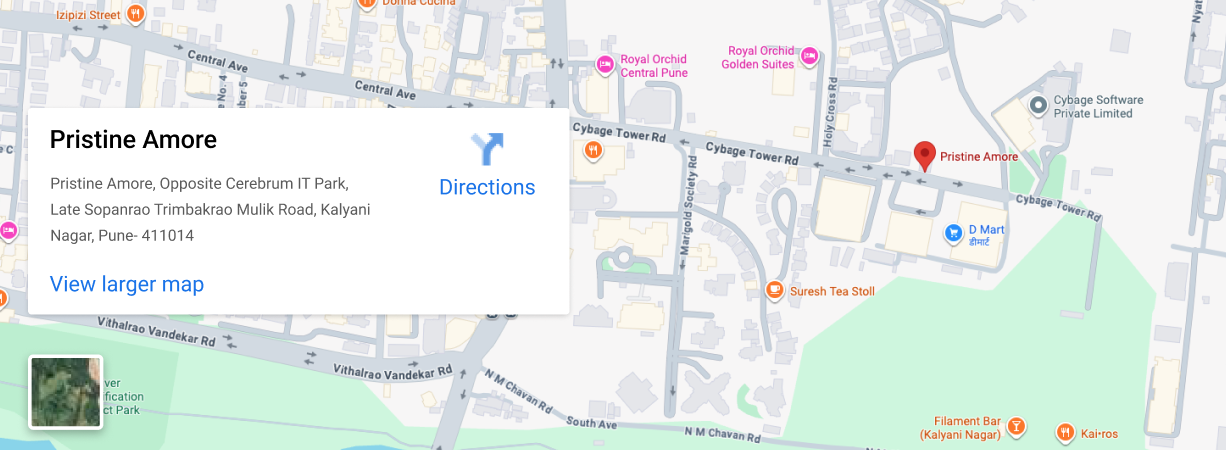 Map location of Pristine Amore, Opposite Cerebrum IT Park, Late Sopanrao Trimbakrao Mulik Road, Kalyani Nagar, Pune- 411014