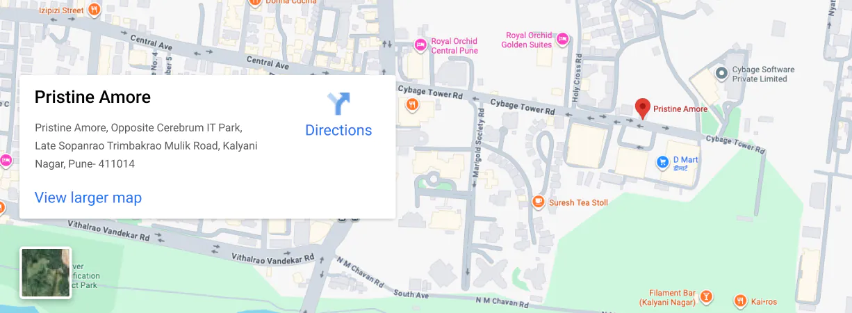 Map location of Pristine Amore, Opposite Cerebrum IT Park, Late Sopanrao Trimbakrao Mulik Road, Kalyani Nagar, Pune- 411014