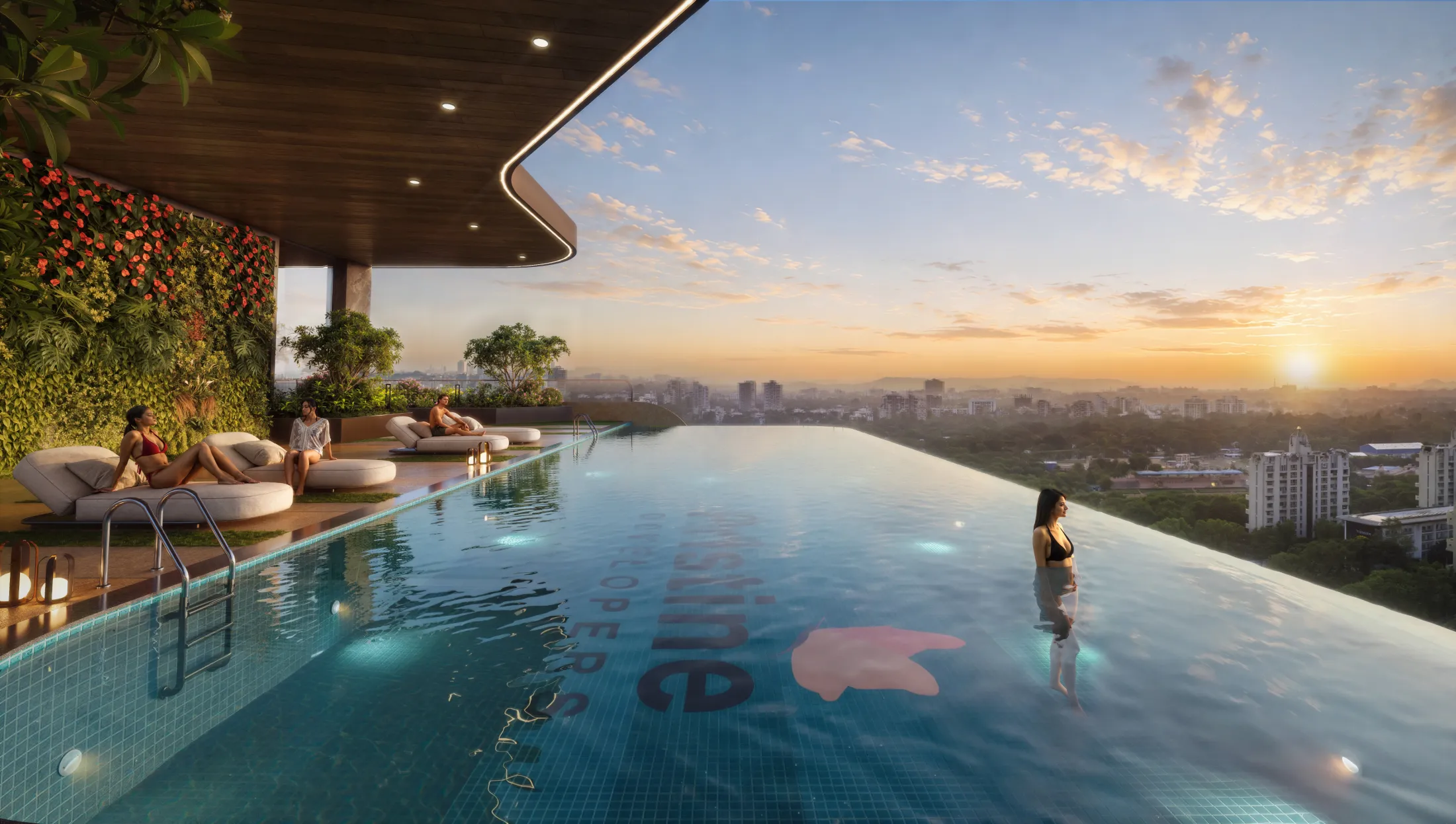Rooftop infinity pool with lounge beds and vertical garden at Pristine Amore at dusk
