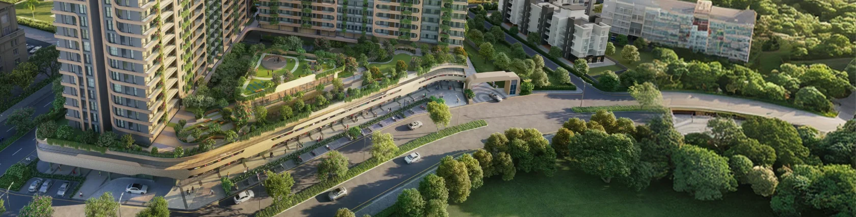 Aerial view of the Pristine Amore development and its landscaped surroundings