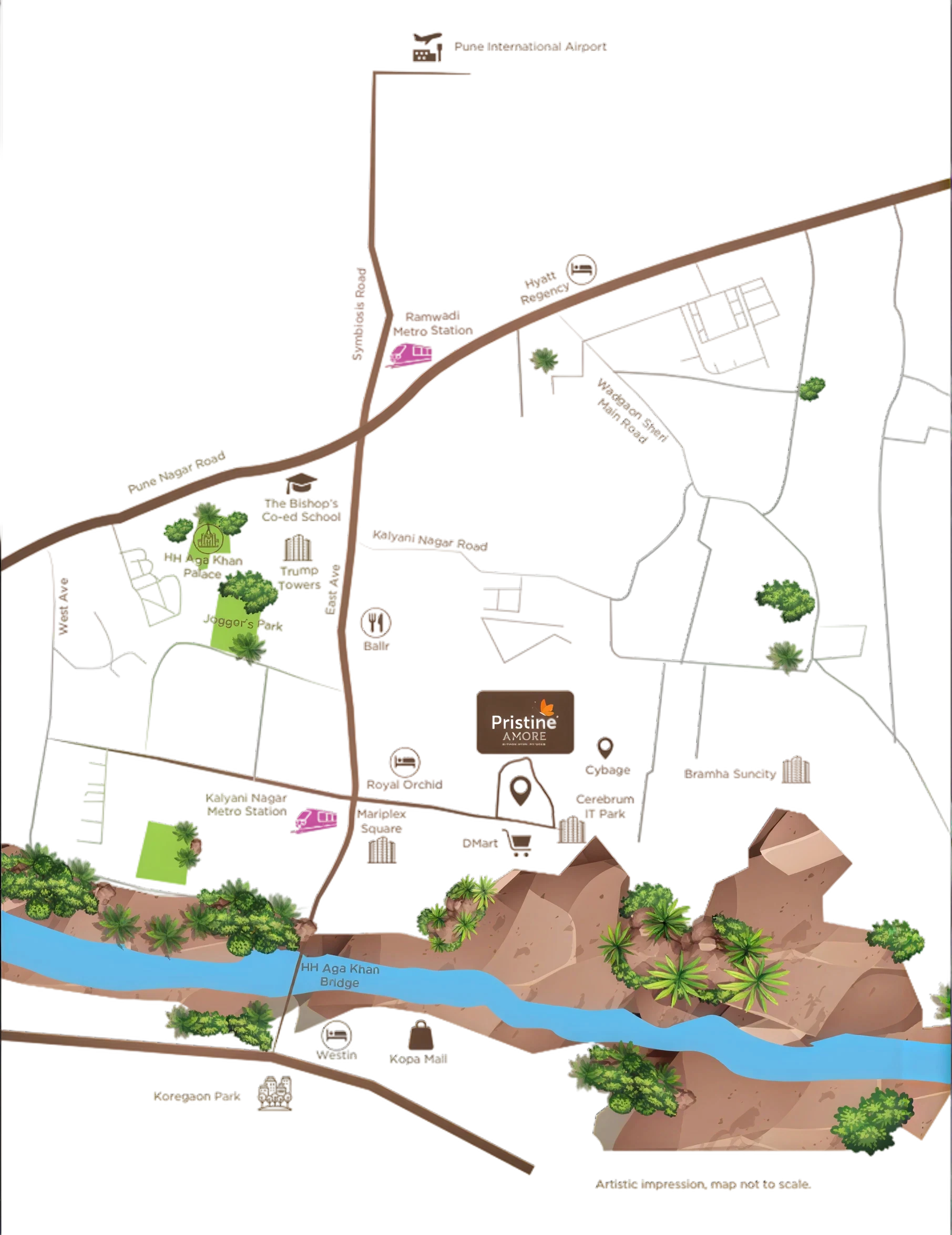 Illustrated map of Kalyani Nagar, Pune showing Pristine Amore and nearby landmarks — metro stations, Pune International Airport route, IT parks and malls