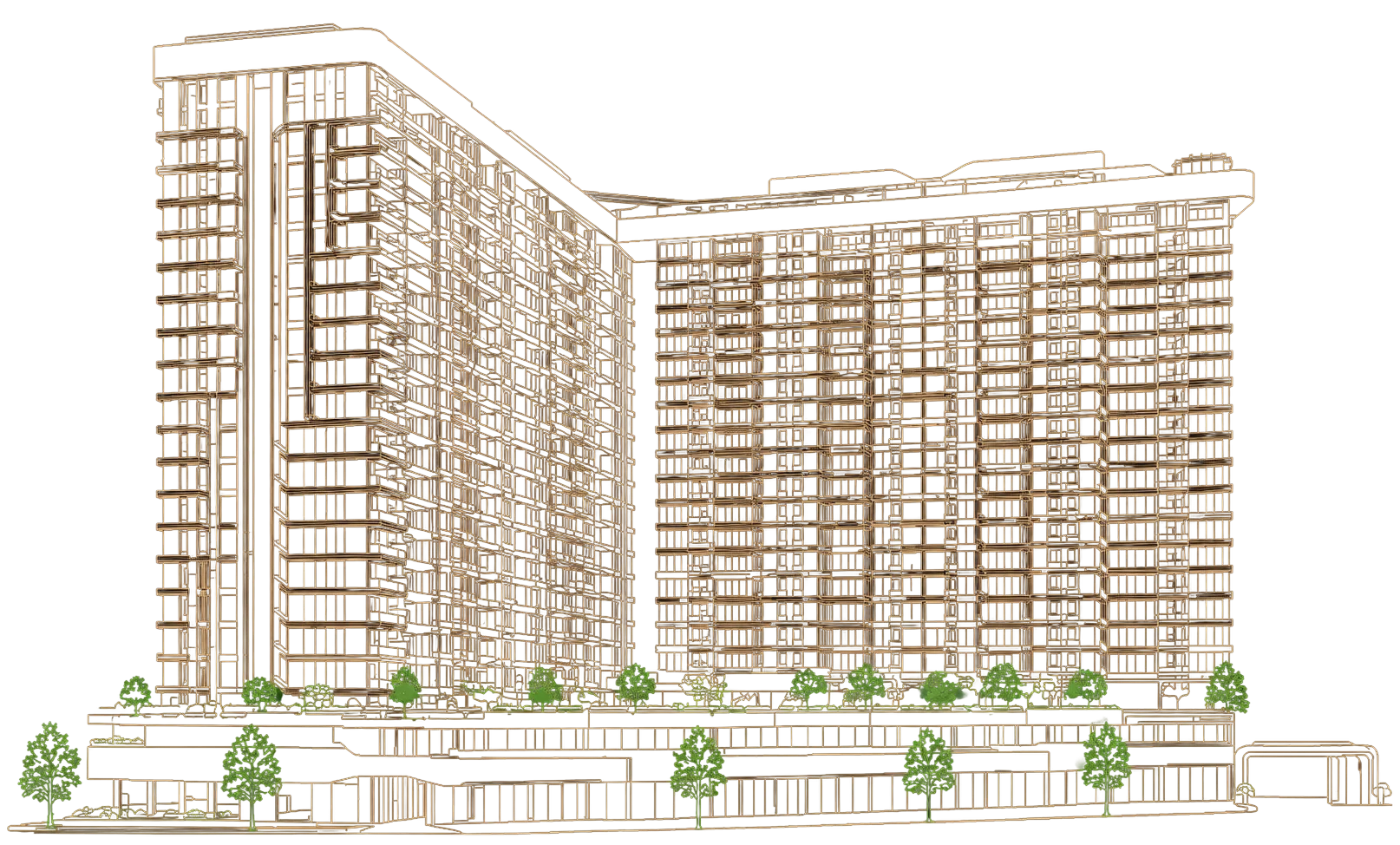 Golden line-art architectural render of the Pristine Amore towers