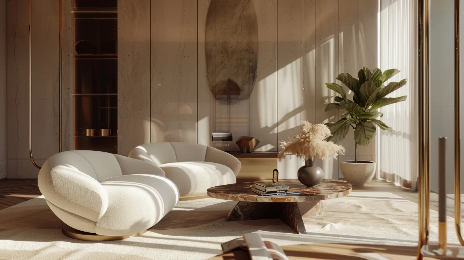 Designer living room at Pristine Amore with sculptural sofas and warm natural light