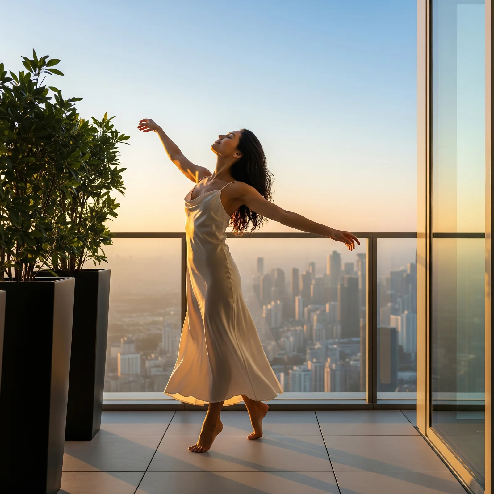 Woman dancing on a high-rise balcony overlooking the city at sunset